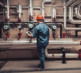 Worker conducting repair services on industrial pump equipment